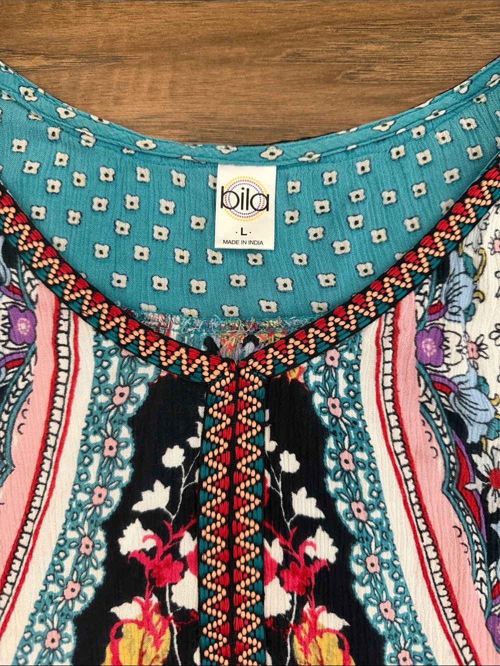 Bila Boho Floral Print Sleeveless Top in Teal with Ruffle Bottom SZ L - Picture 3 of 7